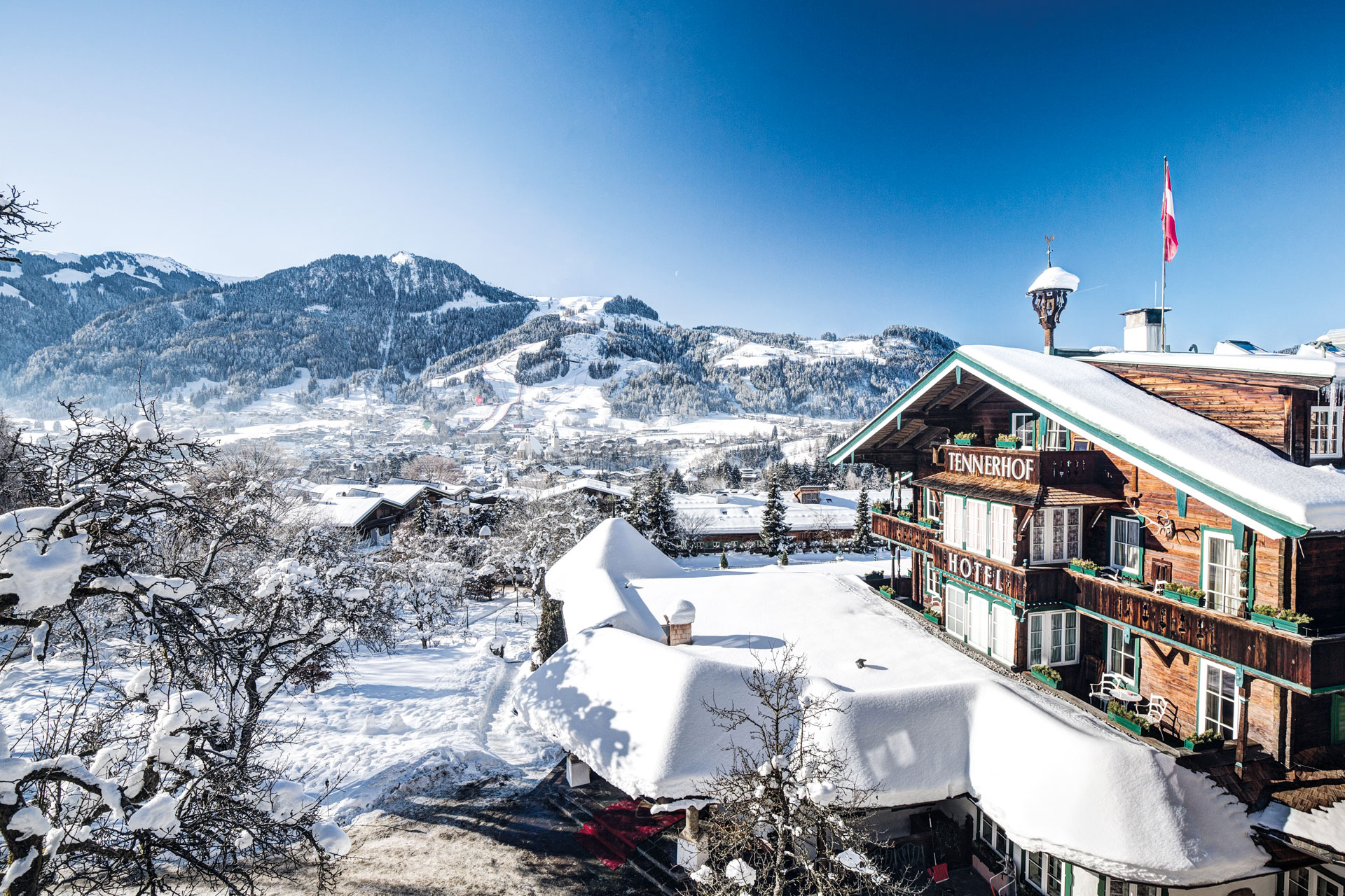 The snowy exterior of the Tennerhof hotel