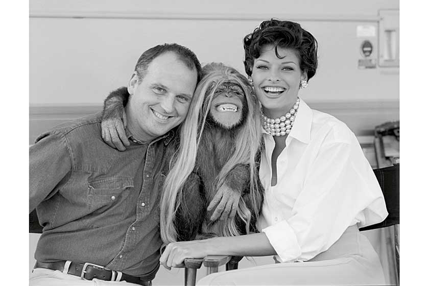 Sam McKnight with Linda Evangelista and Jesse the Chimp