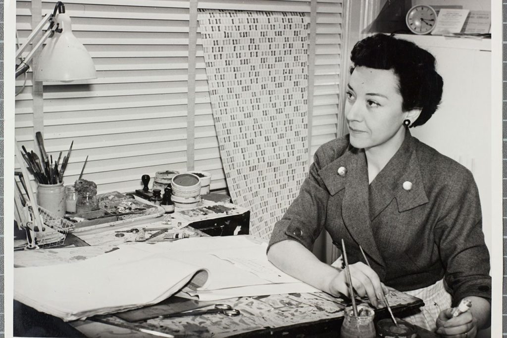Lucienne Day with Diabolo wallpaper 1951 in her Cheyne Walk studio