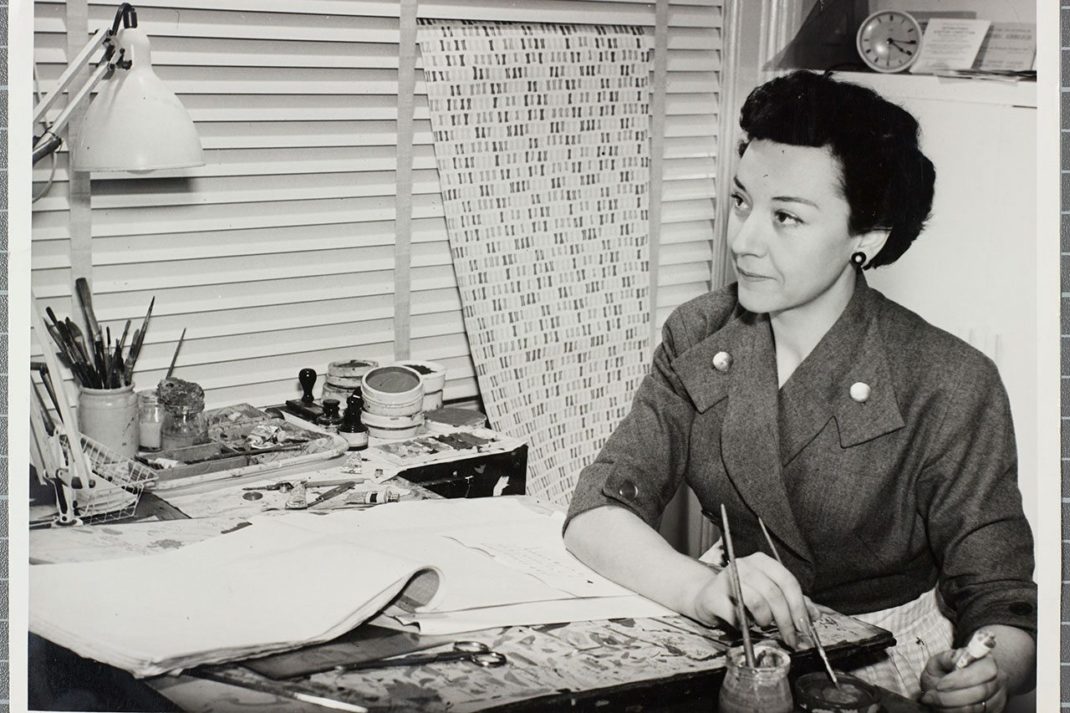 Lucienne Day with Diabolo wallpaper 1951 in her Cheyne Walk studio