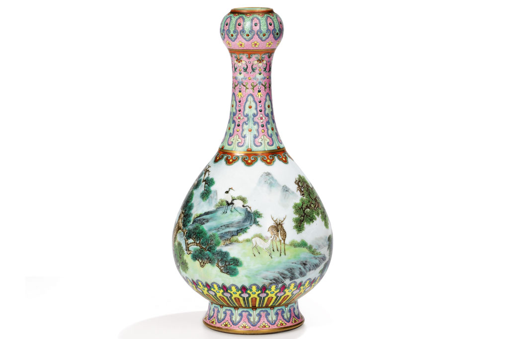 A Magnificent Imperial 'Yangcai Crane and Deer Ruyi Vase'