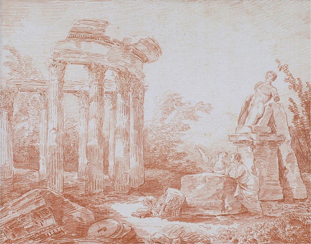Two figures conversing before the Temple of the Sybil