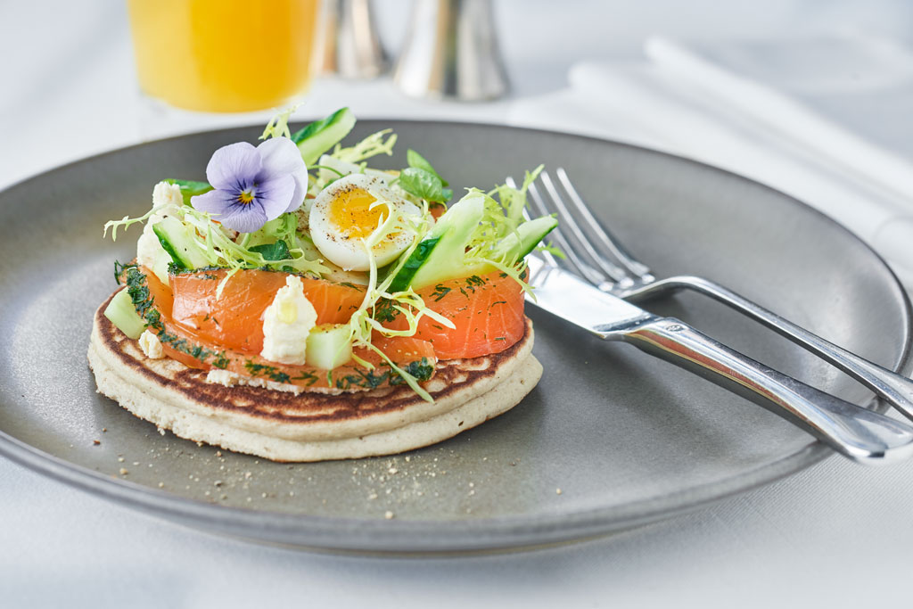 Le Caprice Cured Salmon on Buckwheat Pancakes by Jean Cazals