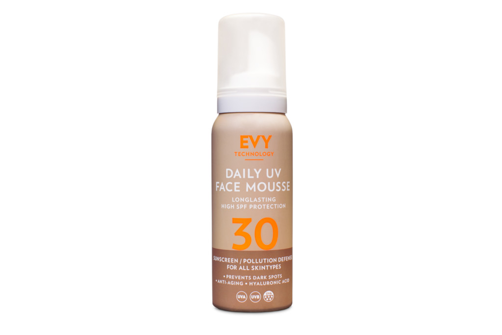 Brown bottle of SPF facial mousse