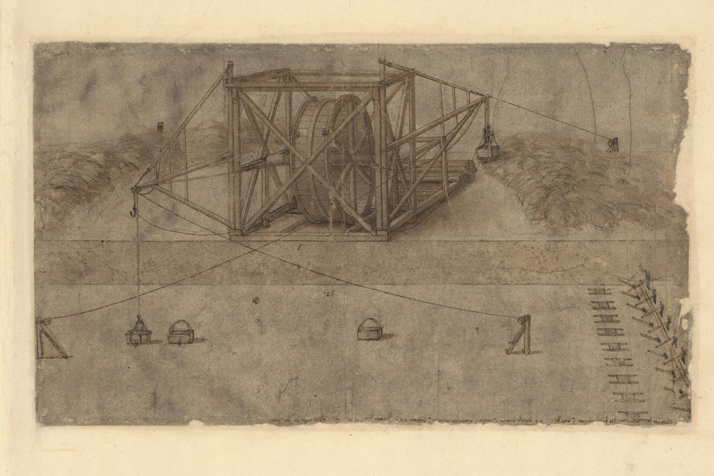 Fig. 26 Leonardo da Vinci Studies on lifting and excavation equipment 1502 (?) pencil, ink pen and watercolour on paper Codex Atlanticus, f. 4r Veneranda Biblioteca e Pinacoteca Ambrosiana, Milano