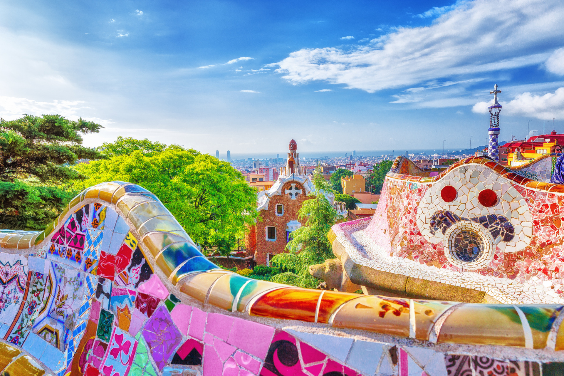 Barcelona, Spain. Gorgeous colorful view of Park Guell - the creation of great architect Antonio Gaudi. UNESCO world heritage site.