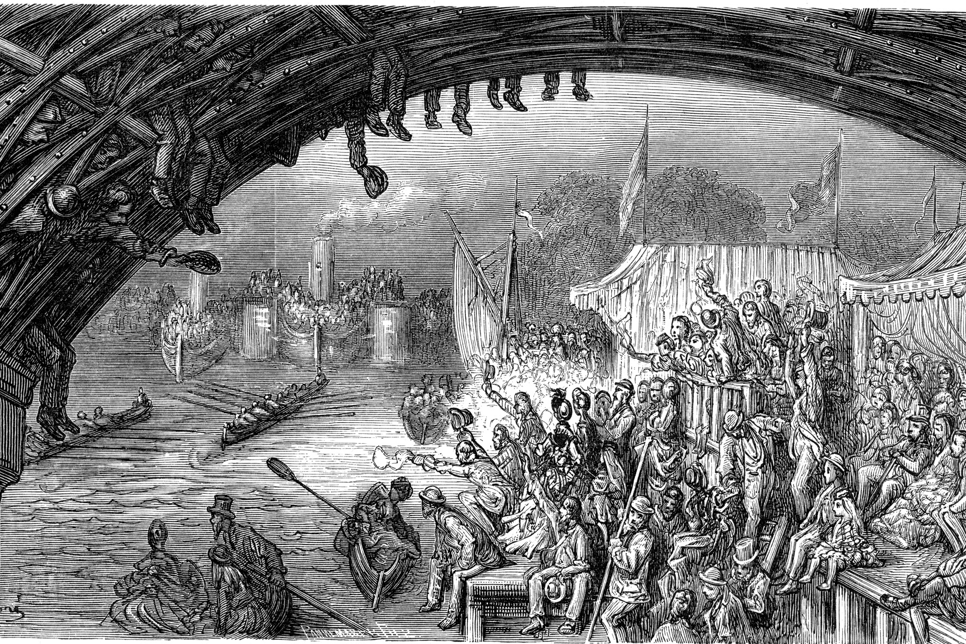 Vintage engraving showing a scene from 19th Century London England. A large crowd of people gather to watch the boat race on the Thames some on the beams under Barnes Bridge.