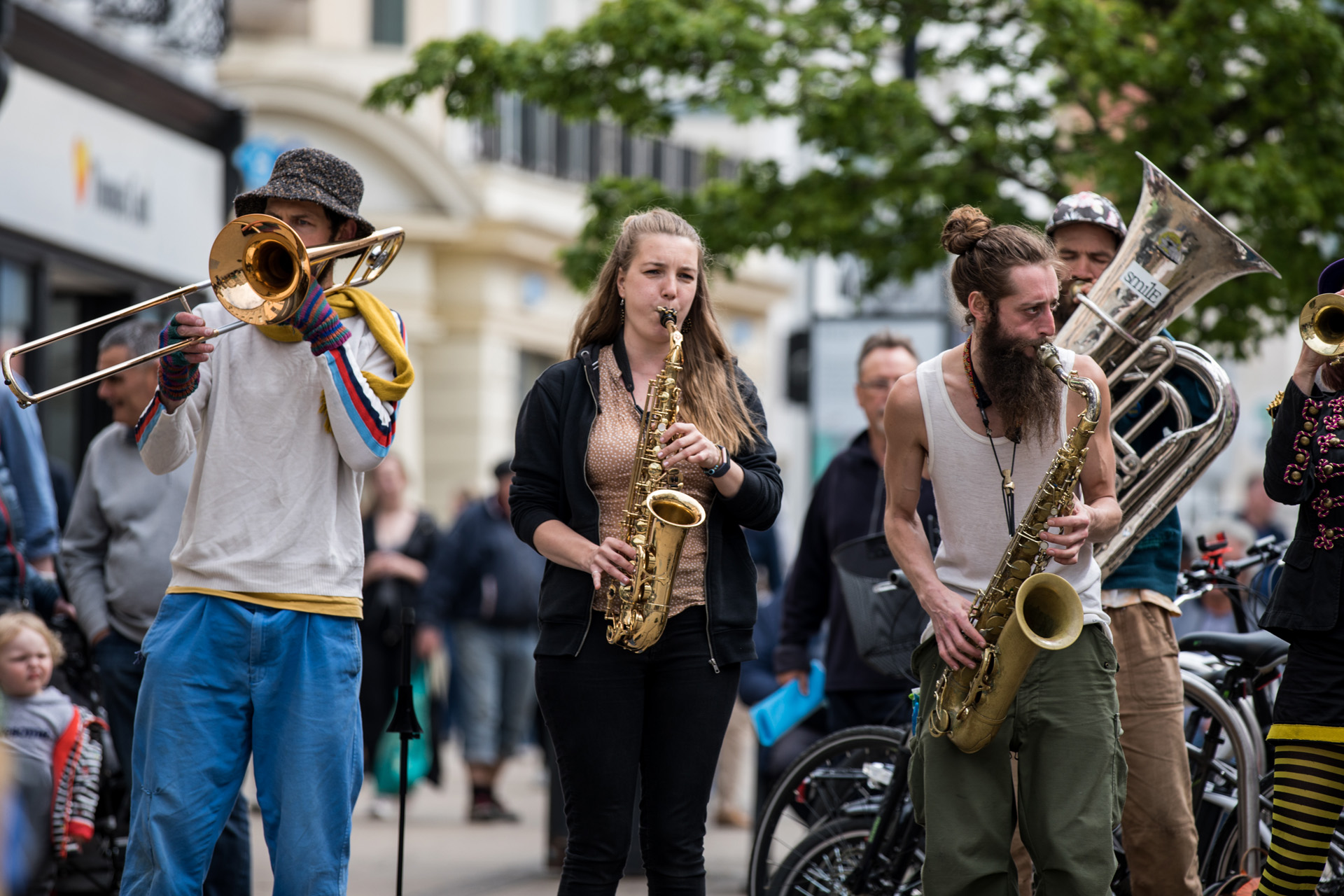Three brass musicians in Cheltenham