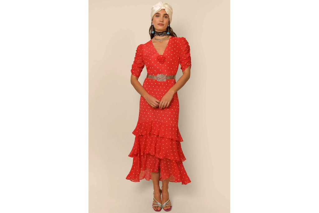 Woman in red ruffled dress