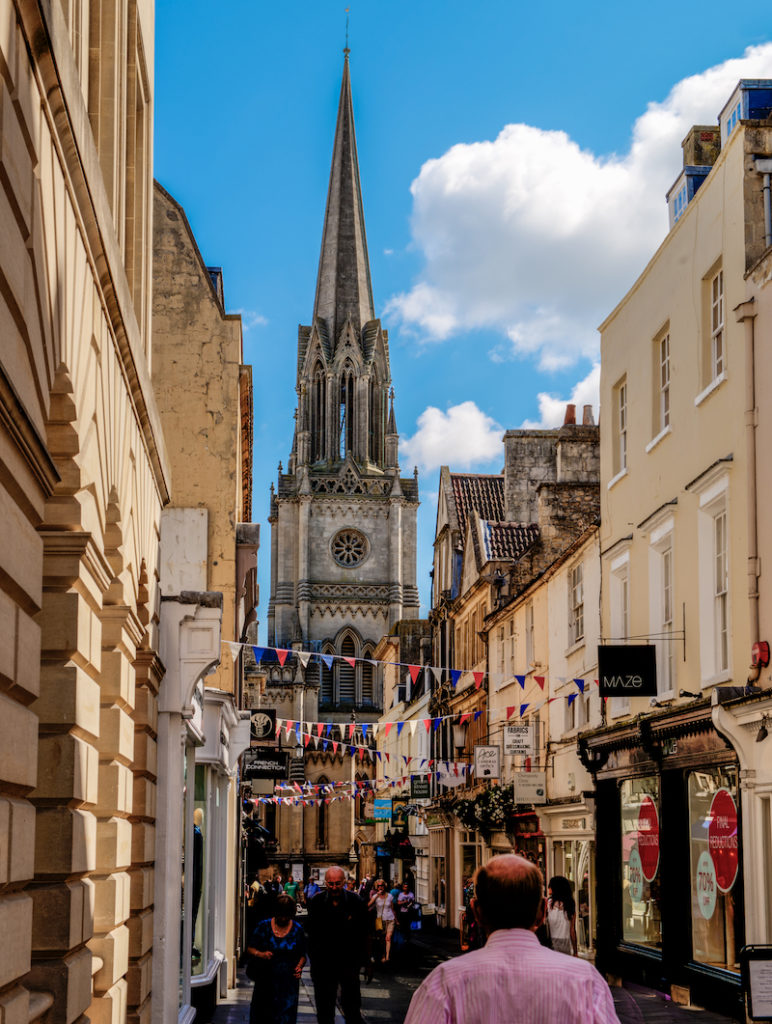 This is a view down Green Street showing all of the shops along the way. St. Michael's Church can be seen in the distance.