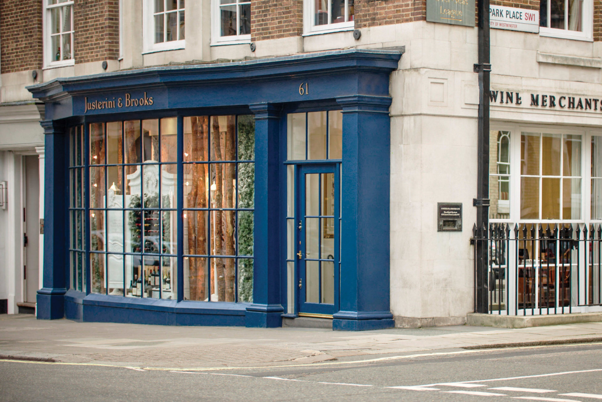 Blue Justerini & Brooks store front in St James building