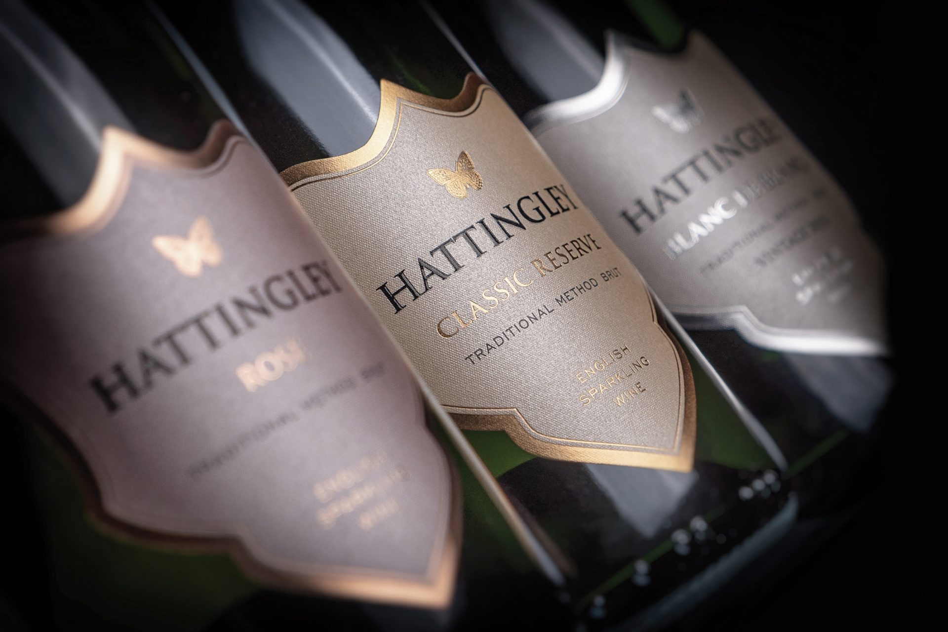 Three Hattingley Valley wine bottle labels