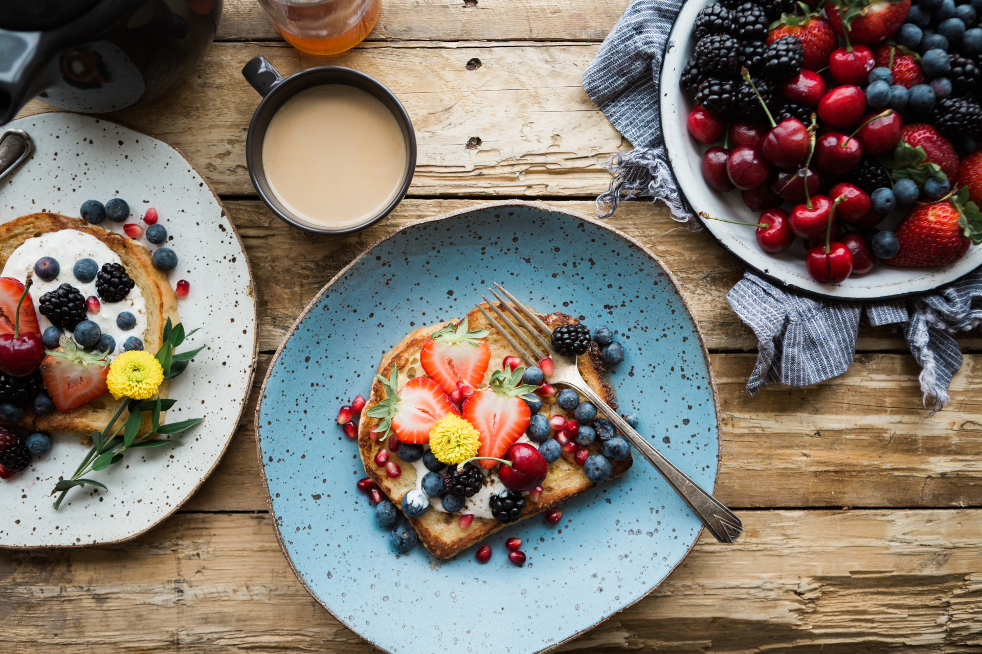 Breakfast spread on wooden table