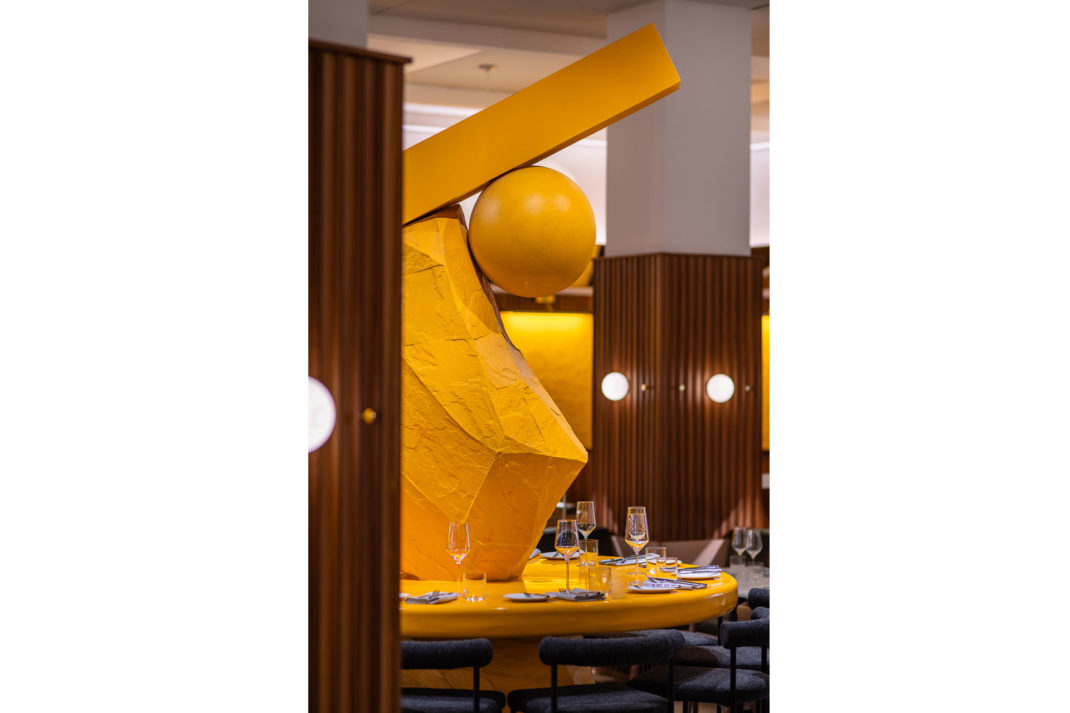 view of the yellow sculpture at Goddard & Gibbs restaurant in Shoreditch