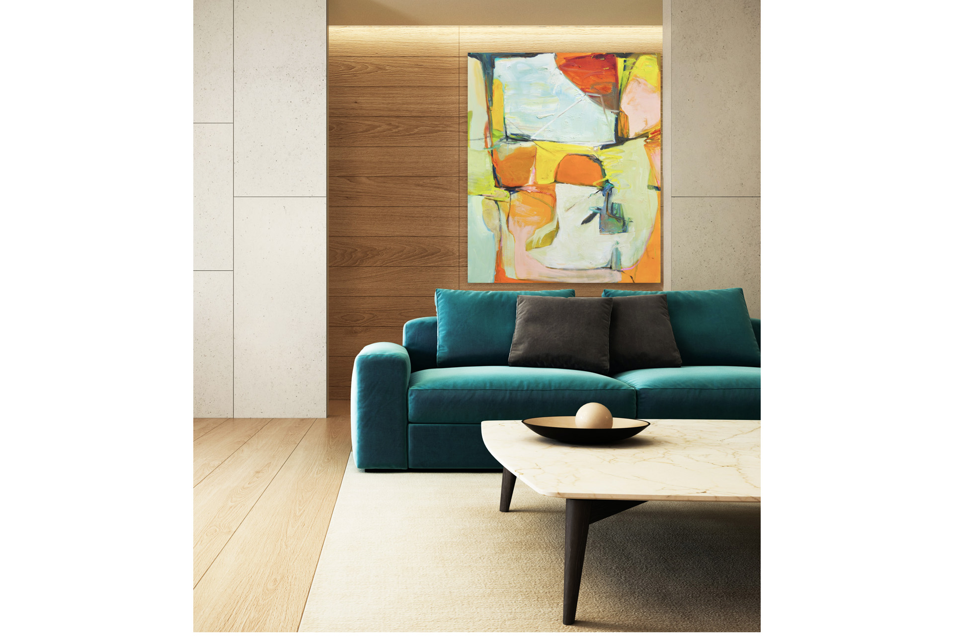 An abstract painting behind a blue sofa