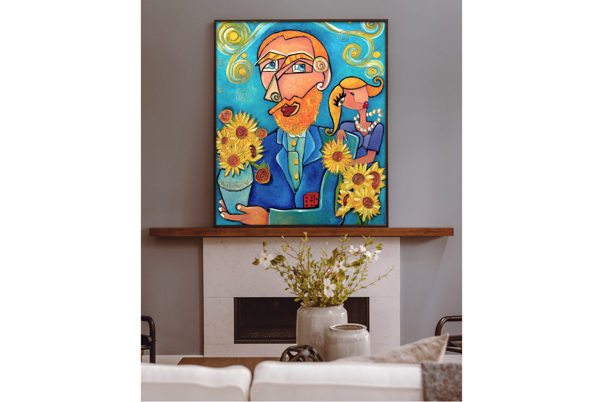 A bright painting of Van Gogh in the centre of a mantlepiece