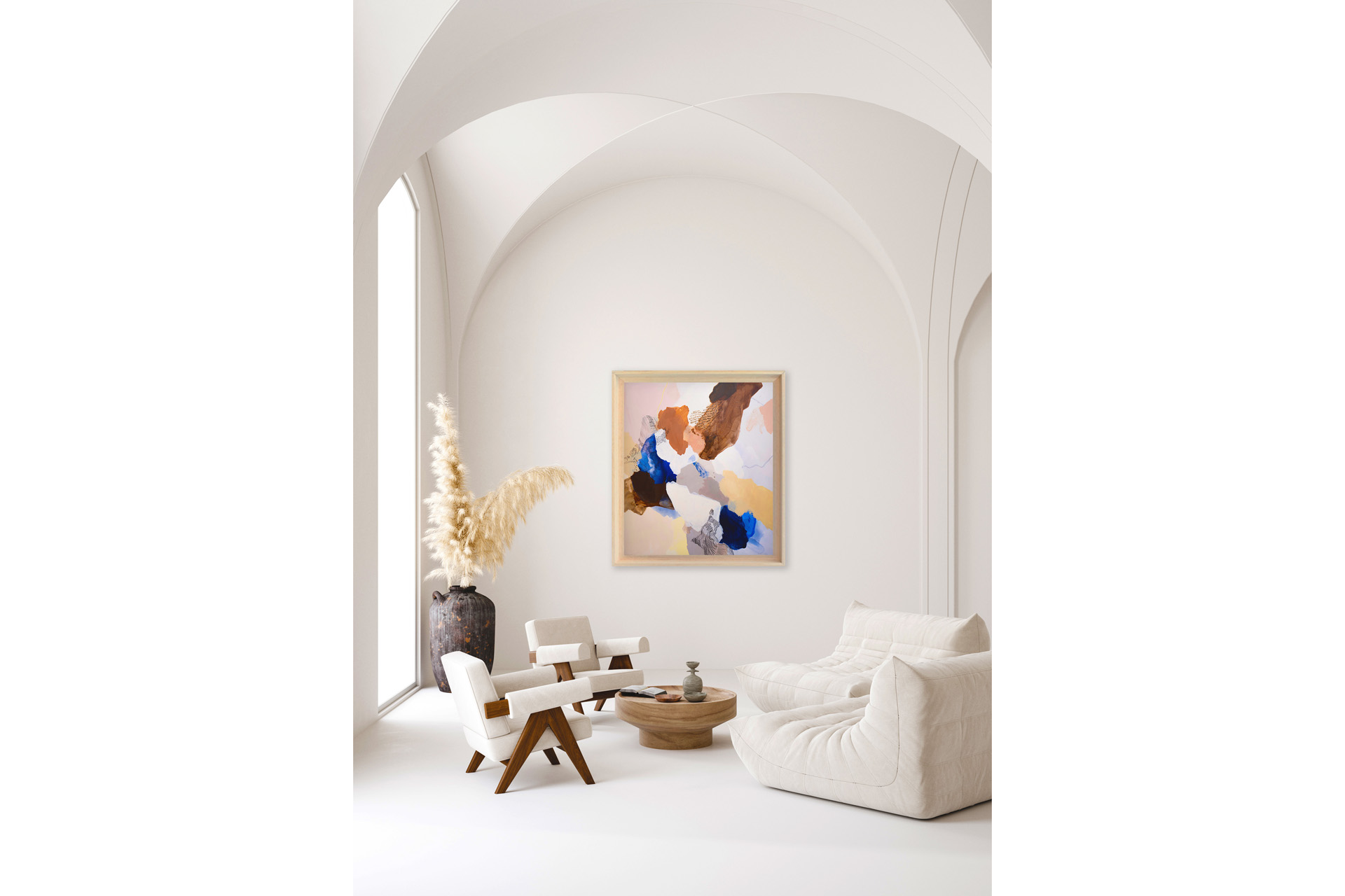 An abstract painting in the centre of a white room