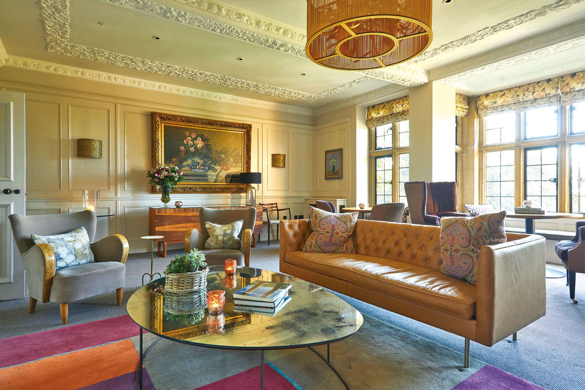 Leather sofa and sitting room in Foxhill Manor, Cotswolds