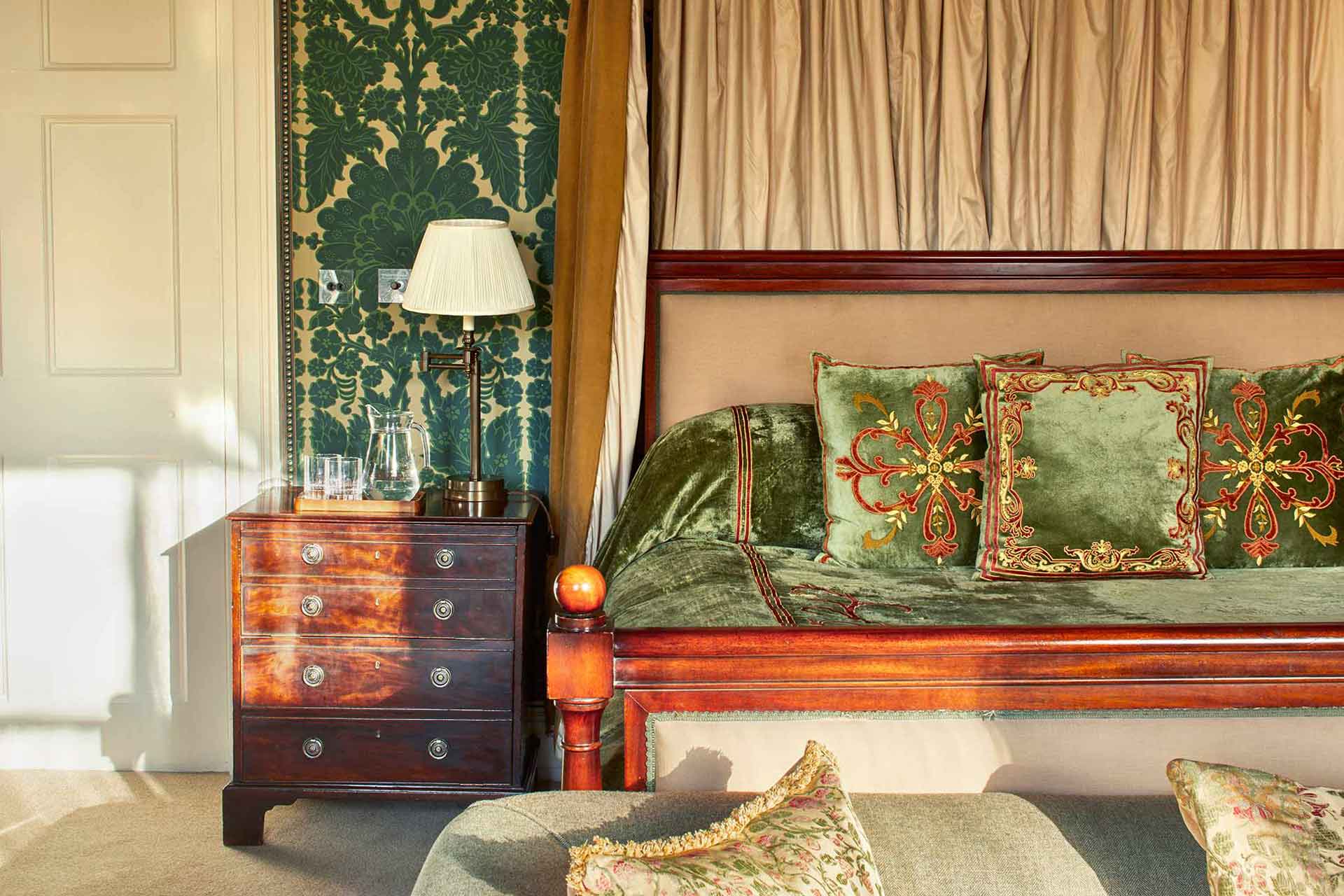 Home House bedroom with green velvet bedding