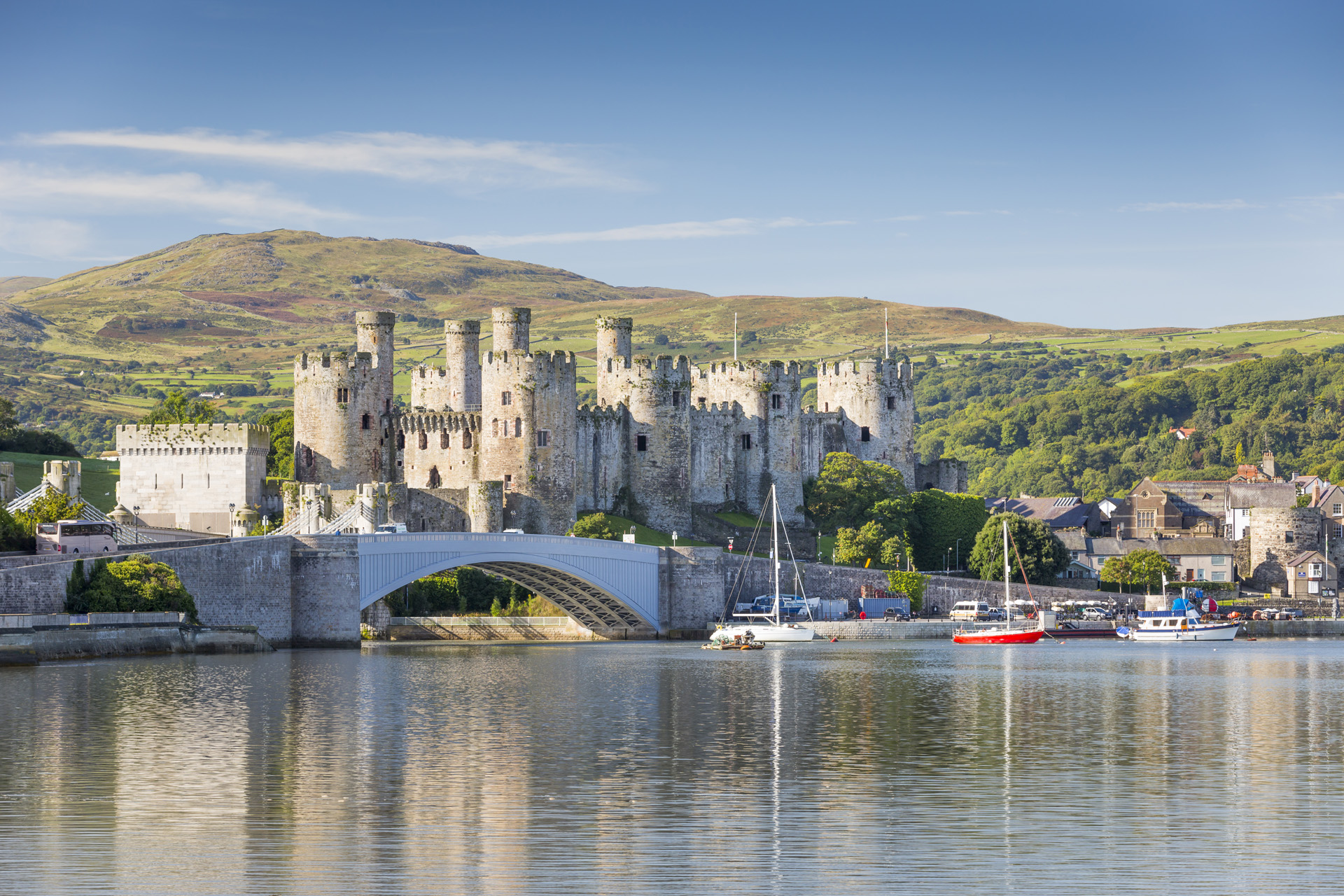 Wide view of the castle across the Conwy river