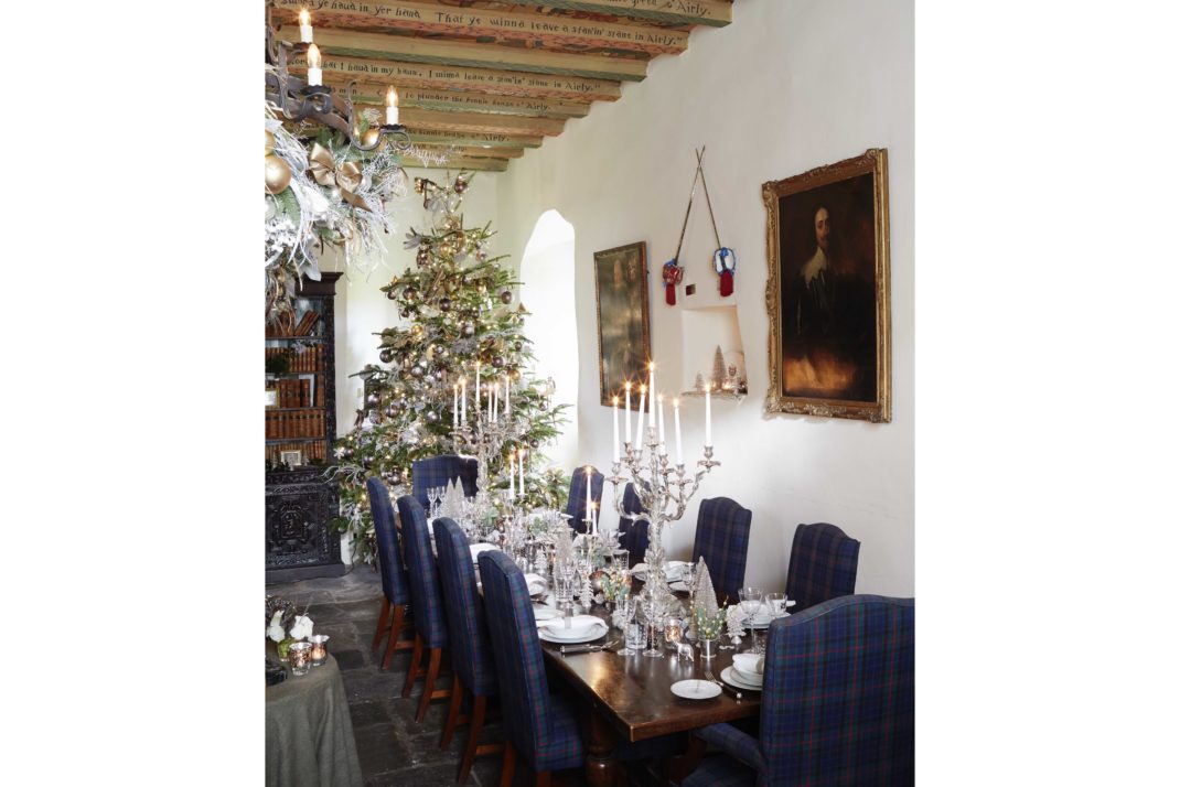 Forter castle dining room with Christmas tablescape and tree