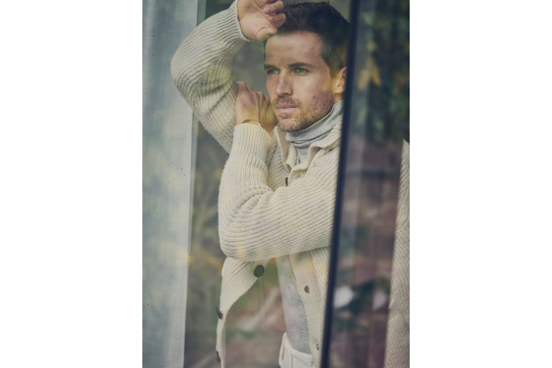 Men's wear story winter whites - leaning on window