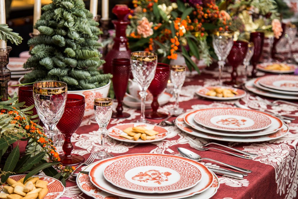 Vista Alegre red, white and gold Christmas table setting