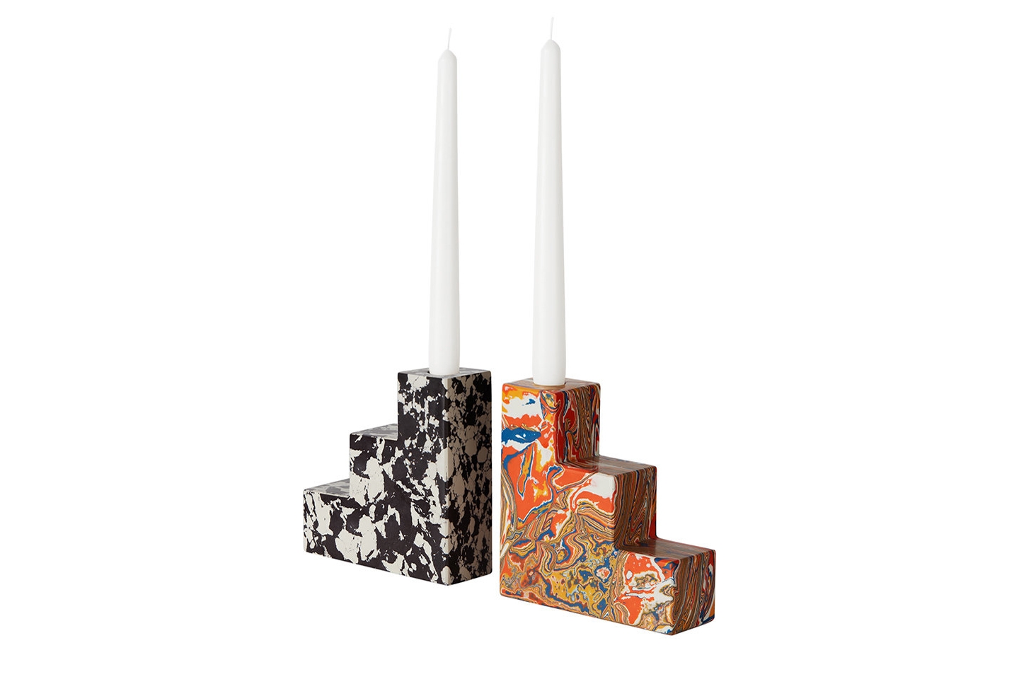 Two marbled bookends in black and orange