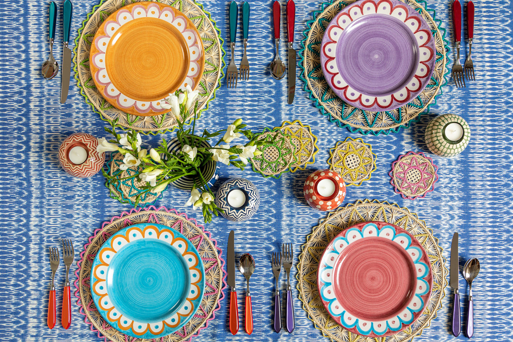 Wicklewood orange, purple, blue and red table settings