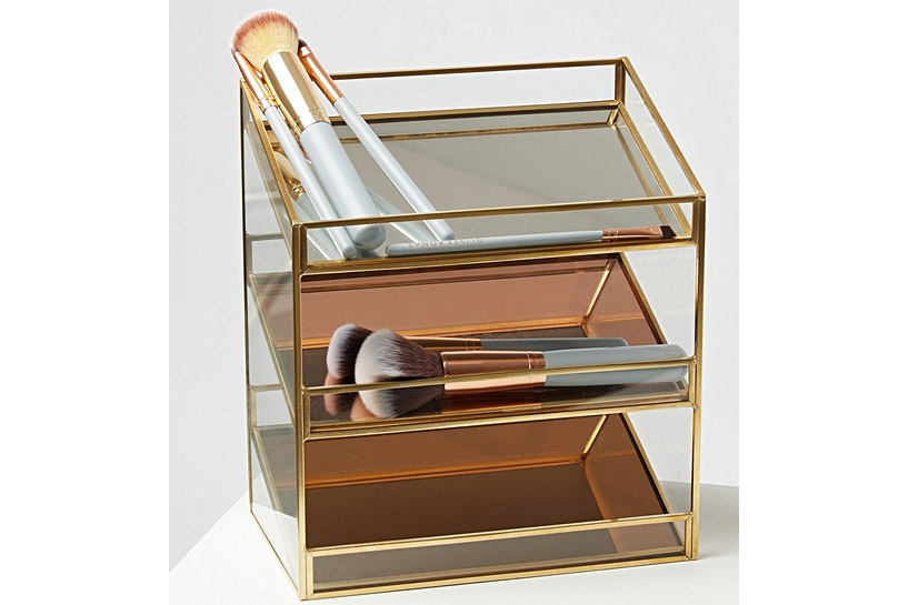 Glass three-tray mini organiser with brass detailing