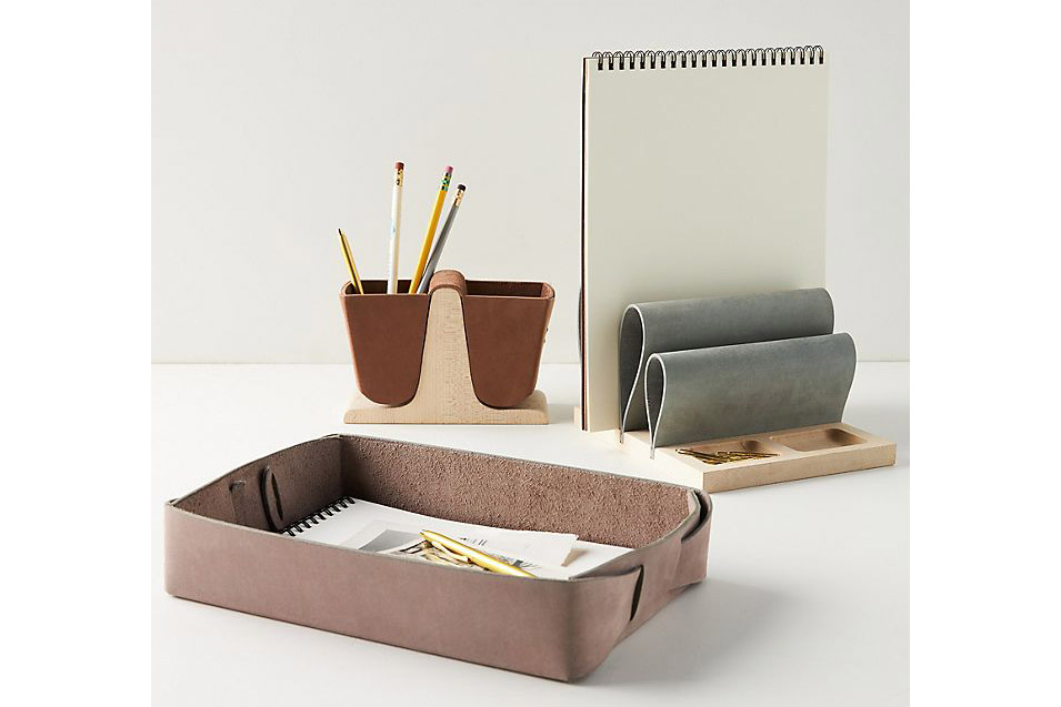 Anthropologie leather desk accessories: in tray, pen pot and calendar holder