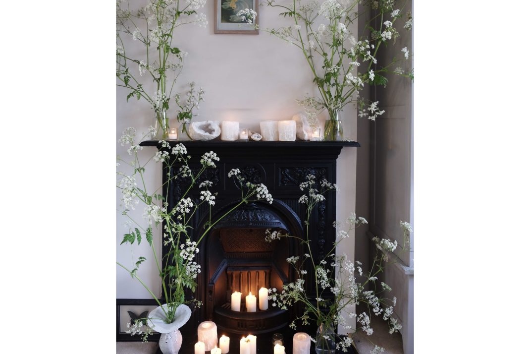 Kitten Grayson black fireplace grate with candles and cow parsley 