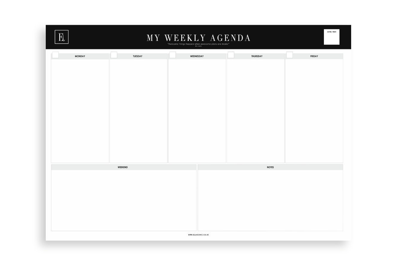 Black and white weekly desk planner