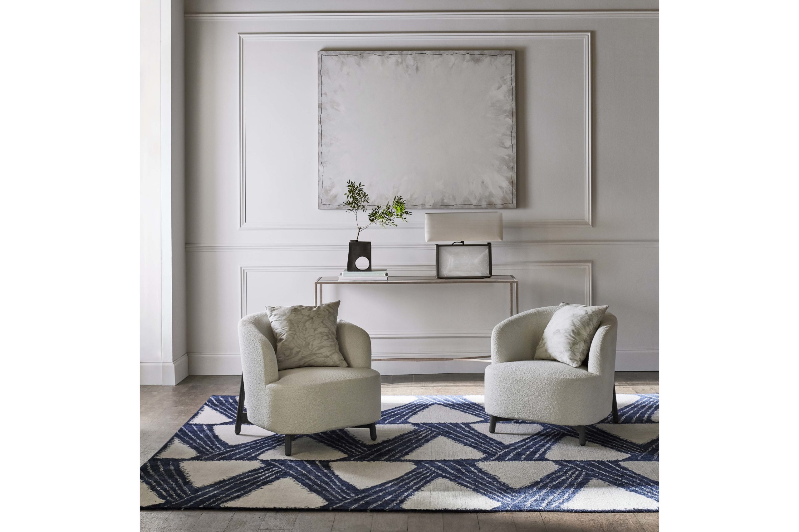 Riviere Rugs and Zoffany blue rug, neutral room