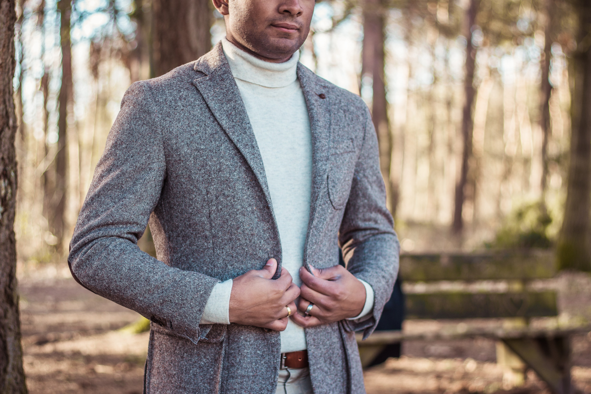 Close up of man in grey coat