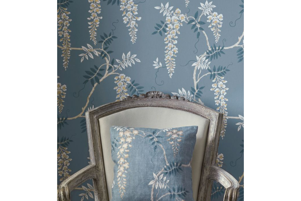 Colefax & Fowler blue wallpaper and chair