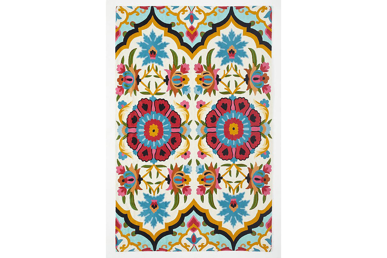 Anthropologie multicoloured blue, red, green and orange patterned rug
