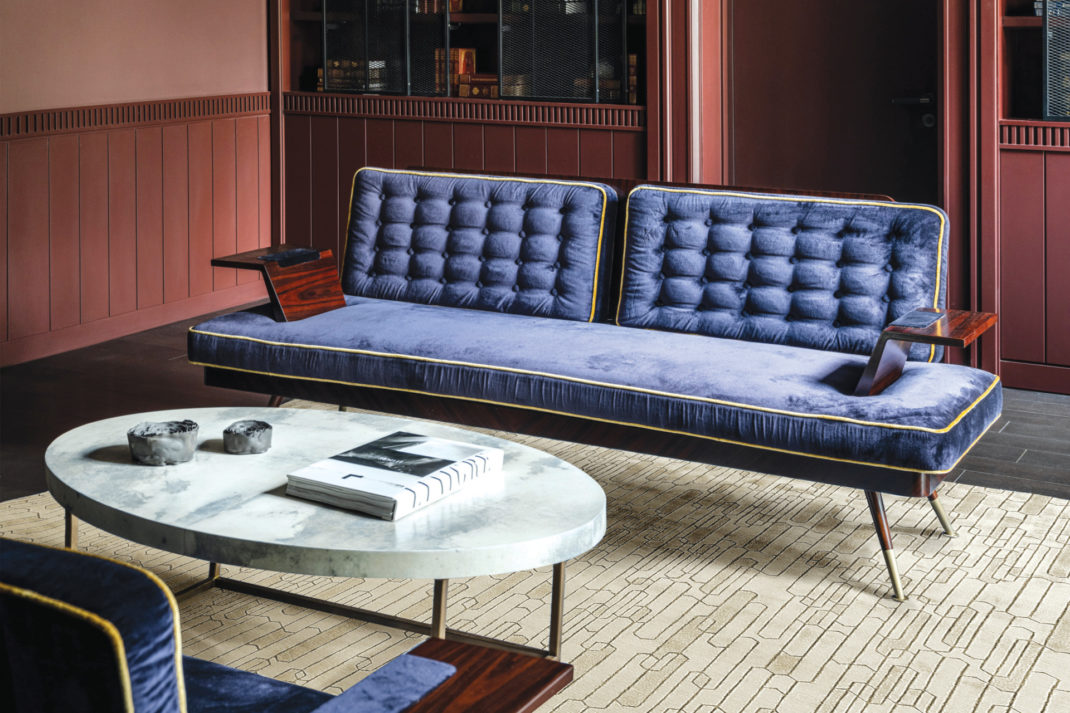 Riviere rug with coffee table and sofa