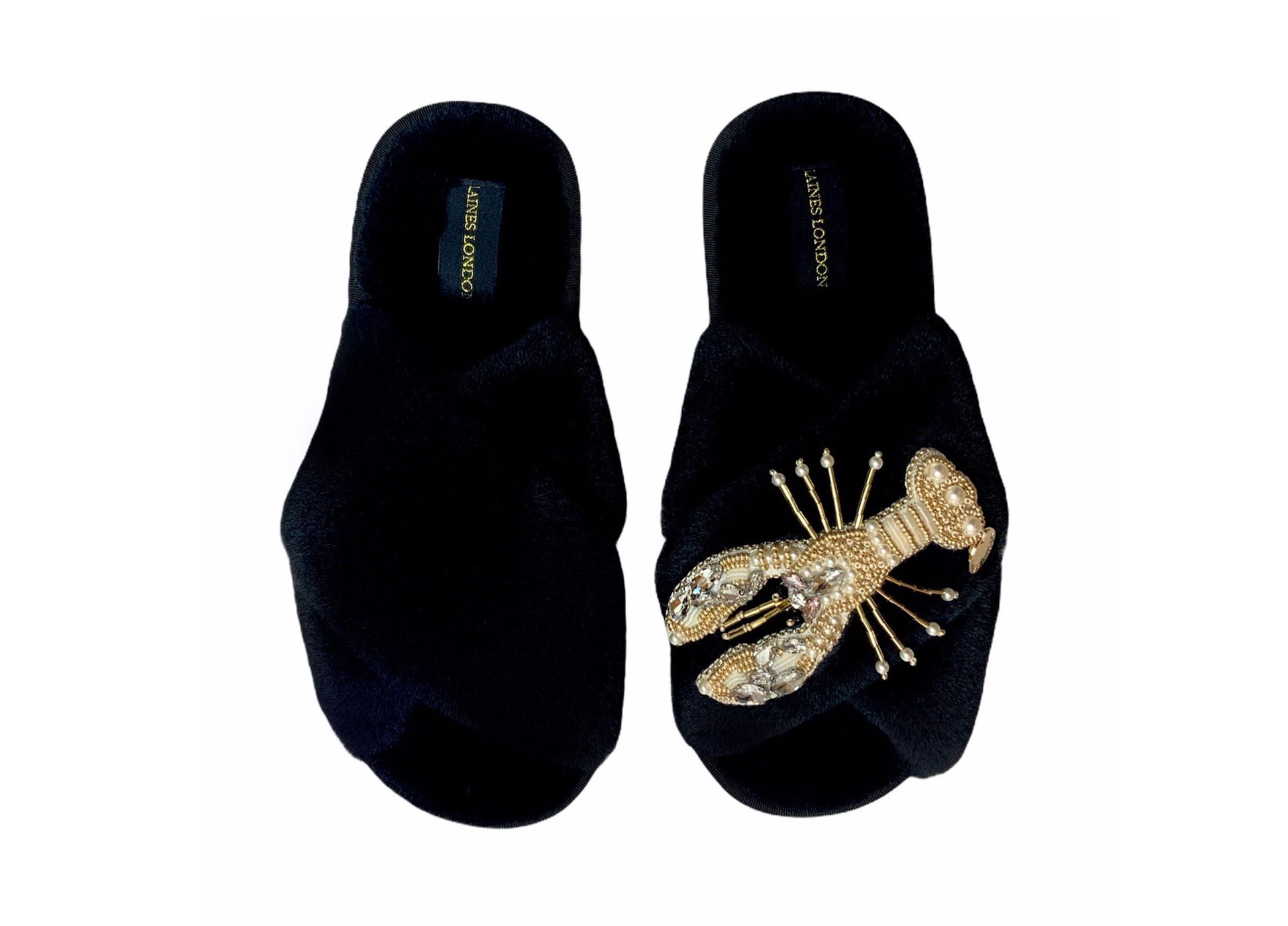 Laines London Black Fluffy Slippers Pearl & Gold Lobster Brooch
