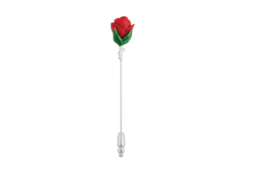 TATEOSSIAN Rose lapel pin with red enamel and rhodium finish