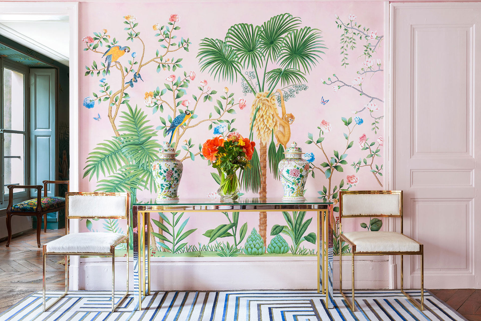 Amazonia on Edo Chalk Pink painted Xuan paper by de Gournay