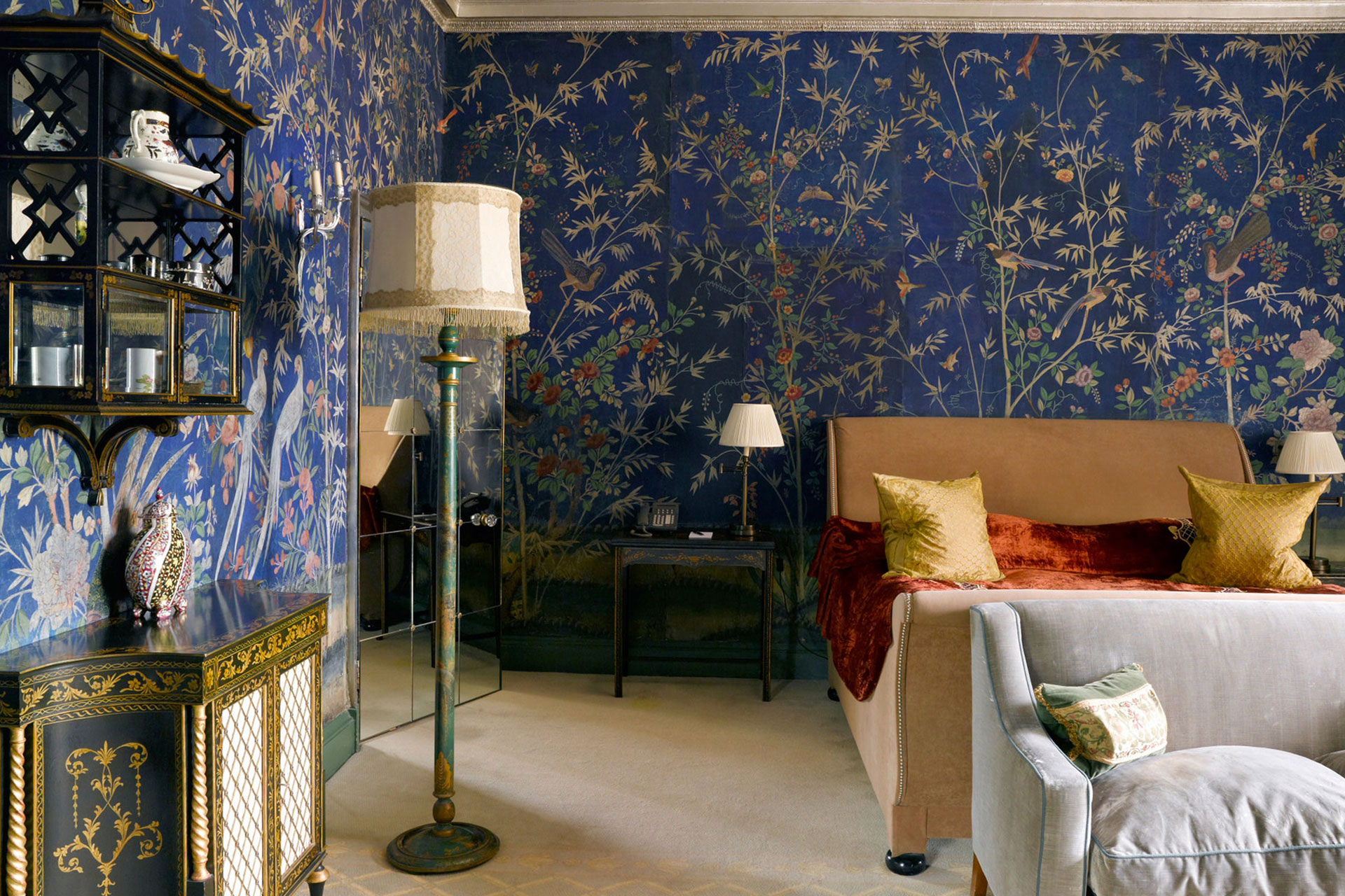 Blue floral patterned wallpaper at Home House, Patricia Portman room Home House