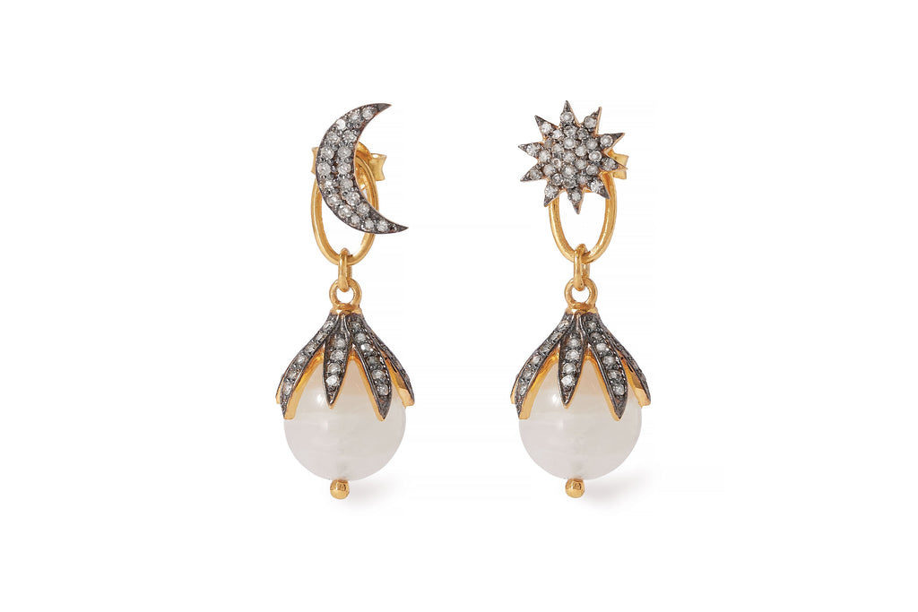 Kirstie Le Marque x WYLDE MOON Diamond & Moonstone Drop Earrings With Moon & Starburst Studs