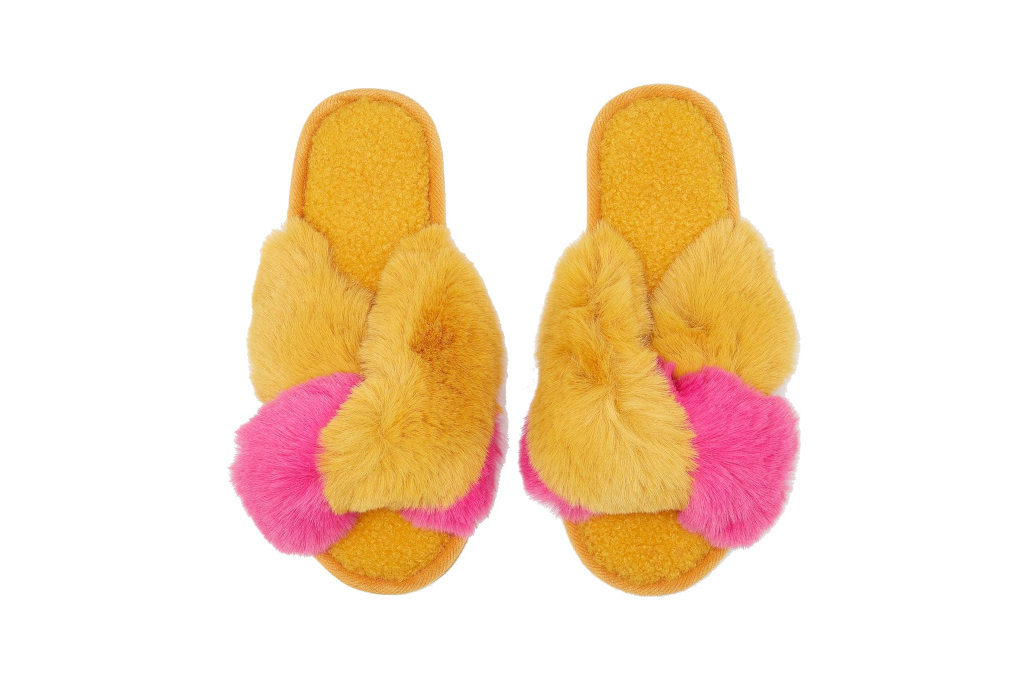 Joules Cross Strap Faux Fur Sliders in yellow and pink