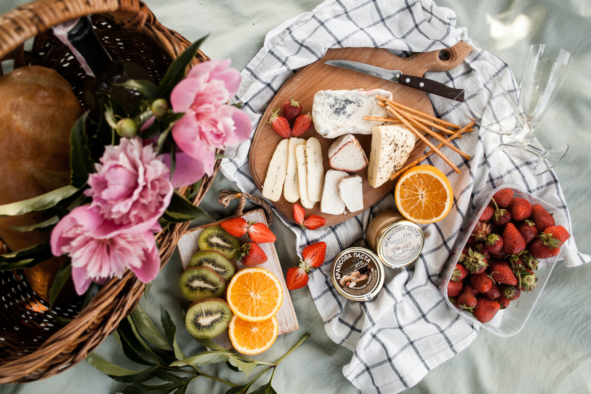 picnic with fruit and flowers