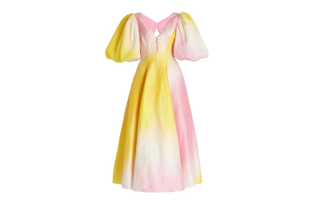Puff sleeve midi dress in penk, white and yellow