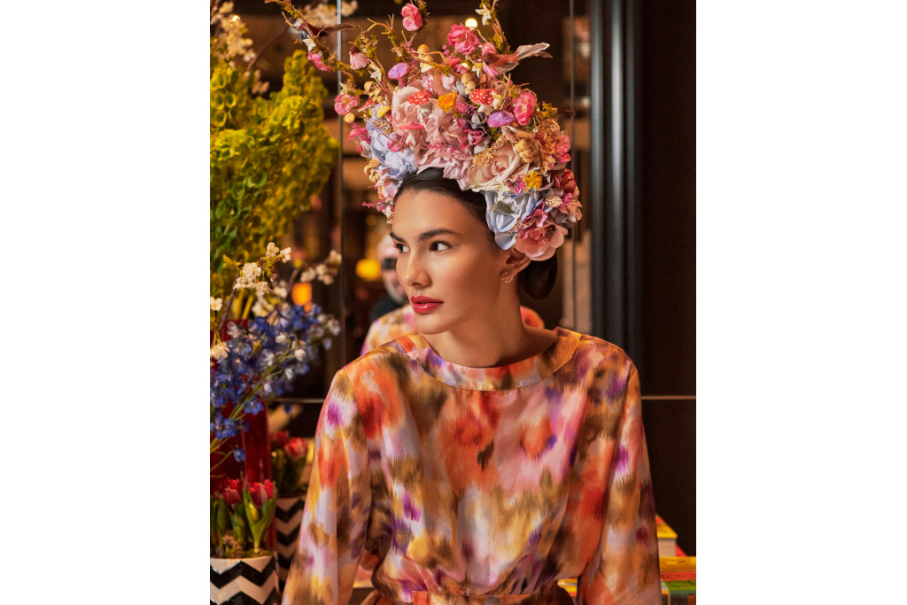 Model in floral headdress