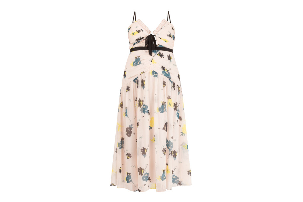 Cream midi dress with floral pattern and black bow