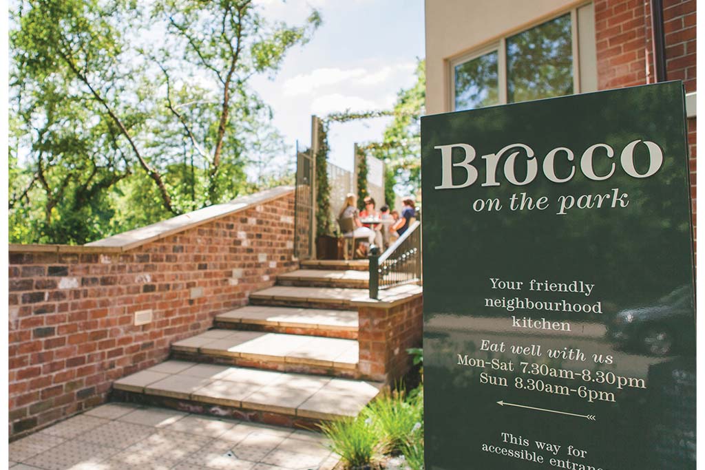 Steps with a sign for Brocco on the Park in the foreground