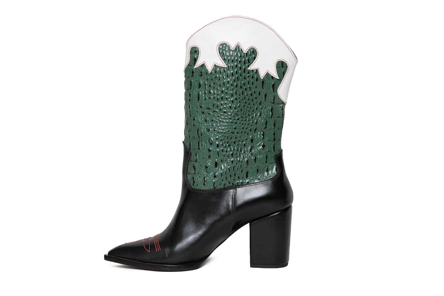 Black, green, and white cowboy boots